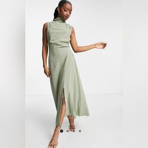 ASOS DESIGN sleeveless cowl neck midi dress with open back in linen in khaki